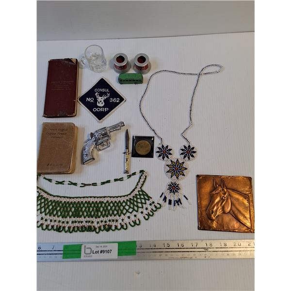 Various Items - Kilgore One Shot Cap Gun, Lesney Metal Bus, Copper Wall Art, Beaded Necklaces  - As 
