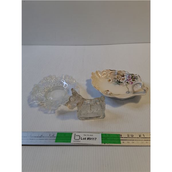 Glass Dish & Dog Figurine, Hand Painted Dish Bavaria-