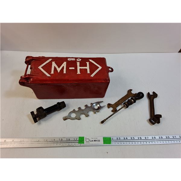 Massey-Harris Painted Cast Iron Tool Box 13.5" x 5.75" x 5" & Tools