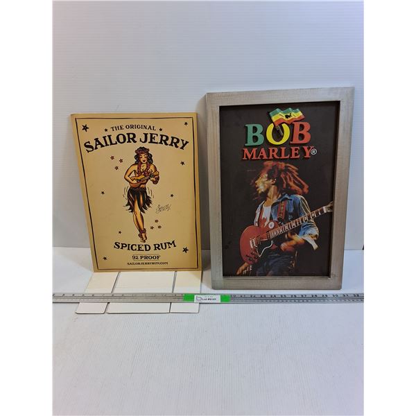 Sailor Jerry Spiced Rum Promotional Sign & Bob Marley Framed Photo Up to 19.25" x 13"