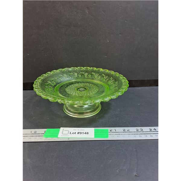 Green Sandwich Glass Pedestal Cake Plate 8.25" Diameter