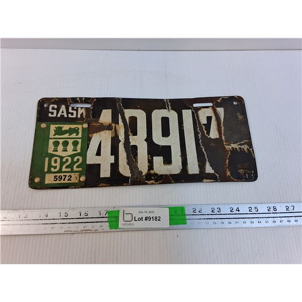 Antique Saskatchewan License Plate- 1922