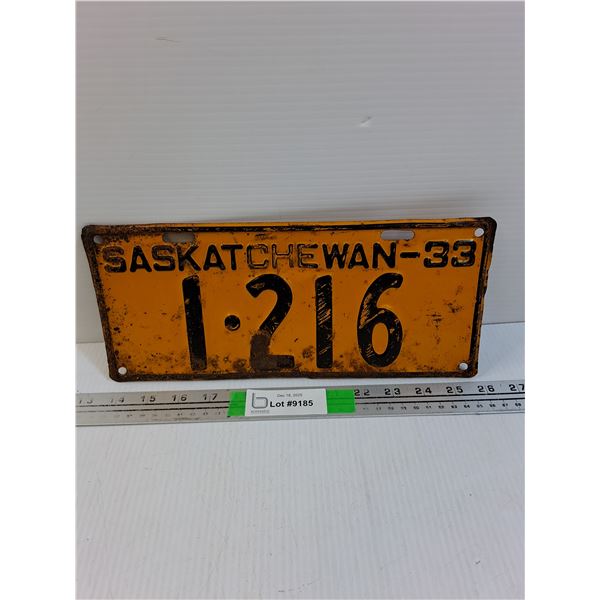 Vintage Saskatchewan License Plate- 1933