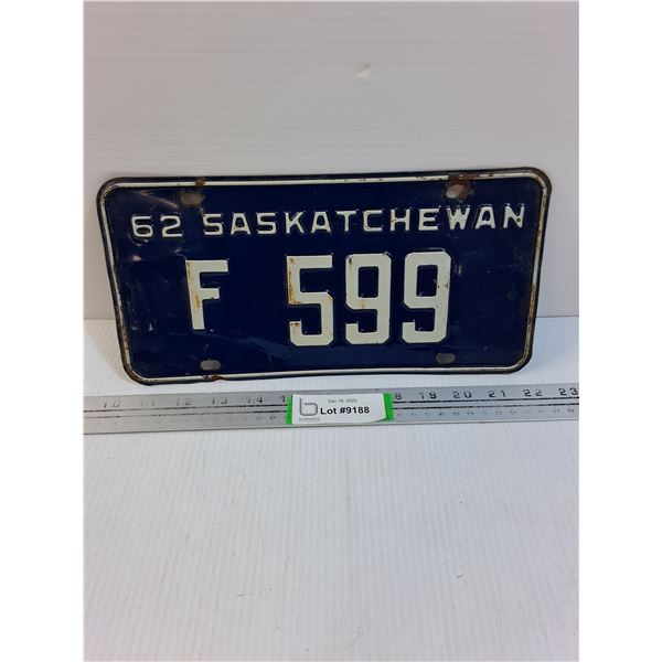 "F" Vintage Saskatchewan License Plate- 1962
