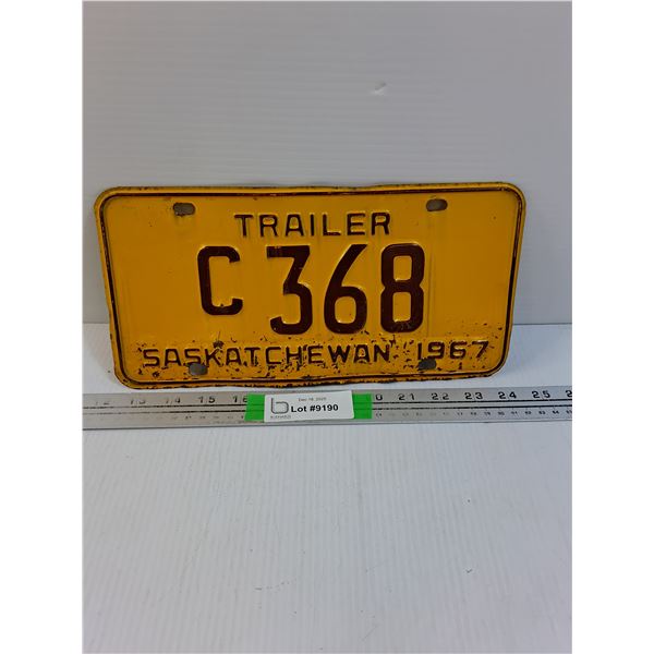 Vintage Saskatchewan Trailer License Plate- 1967