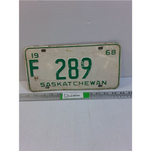 Vintage "F" Saskatchewan License Plate- 1968