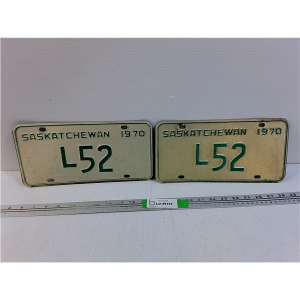 (2) Vintage "L" Saskatchewan License Plates- 1970