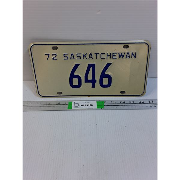 Vintage Saskatchewan License Plate- 1972