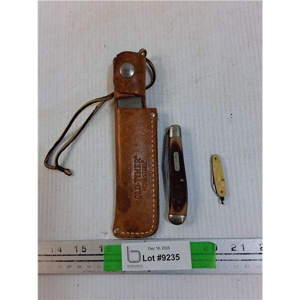 (2) Folding Knives, Sharpener & Case