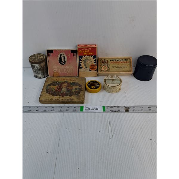 (8) Assorted Vintage Tins and Pocket Warmer