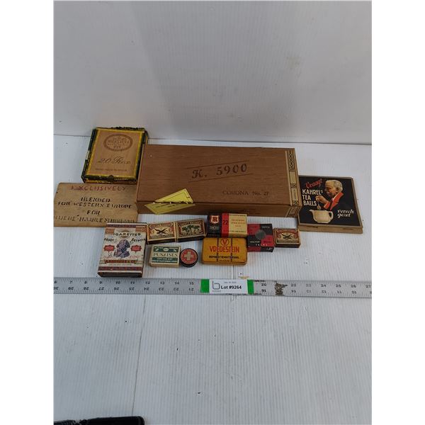 lot of assorted Vintage Packages of Matches,(2) Tins and (2) Cigar Boxes