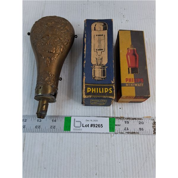 Brass Powder Flask,(2) Vintage Philips Bulbs