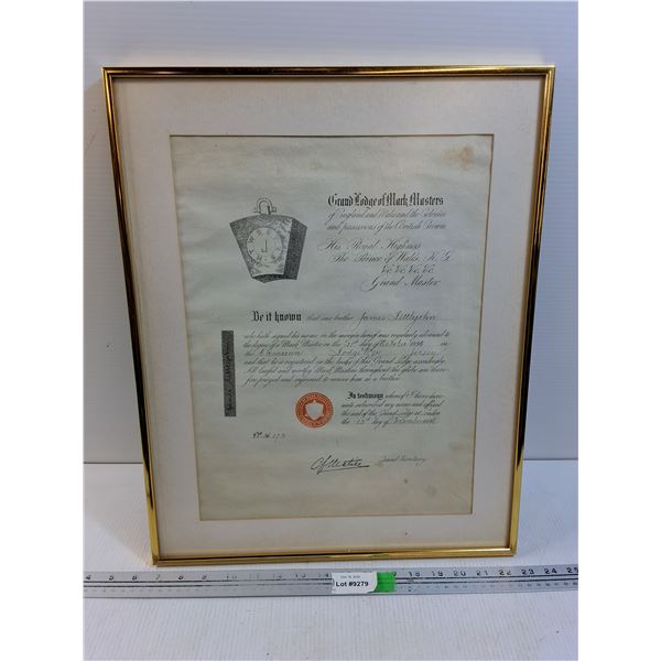 Framed Masonic 1896 Scroll- Grand Lodge of England 20.5" x 16.25"