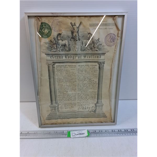 Framed Masonic 1893 Scroll- Grand Lodge of Scotland  16.5" x 12.25"
