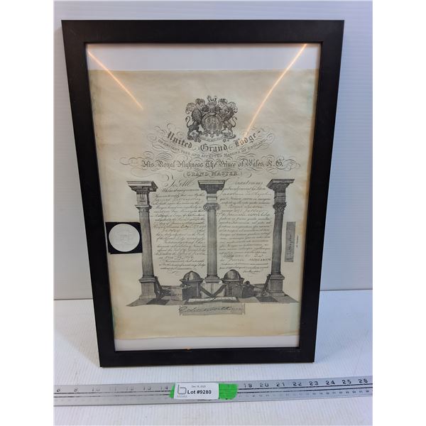 Framed Masonic 1896 Scroll- Grand Lodge of England 19.5" x 13.5"
