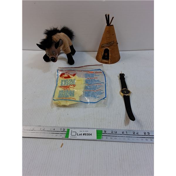 McDonald's Outstanding Employee Watch, Waskesiu Souvenir Tipi, Lion King Figurine, Record Cloth