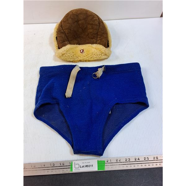 1920s Men's Swim Trunks & Russian Leather Sheepskin Hat with Badge