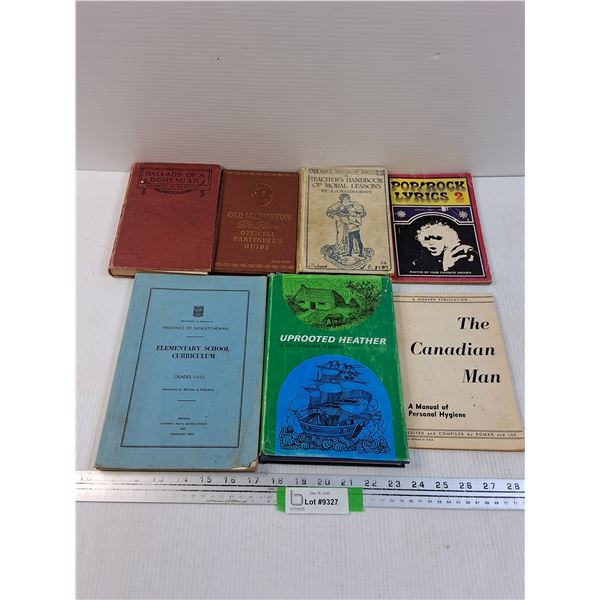 (7) Vintage Books: Bartenders guide, 1941 School Curriculum, Teachers Handbook, Misc