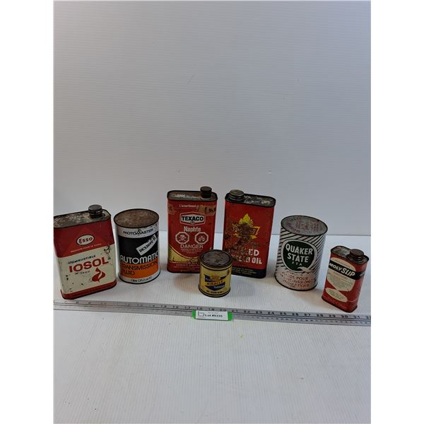 (7) Vintage Collector Tins: Texaco, Motomaster, Molyslip, Quaker State - Some Have Contents - CANNOT