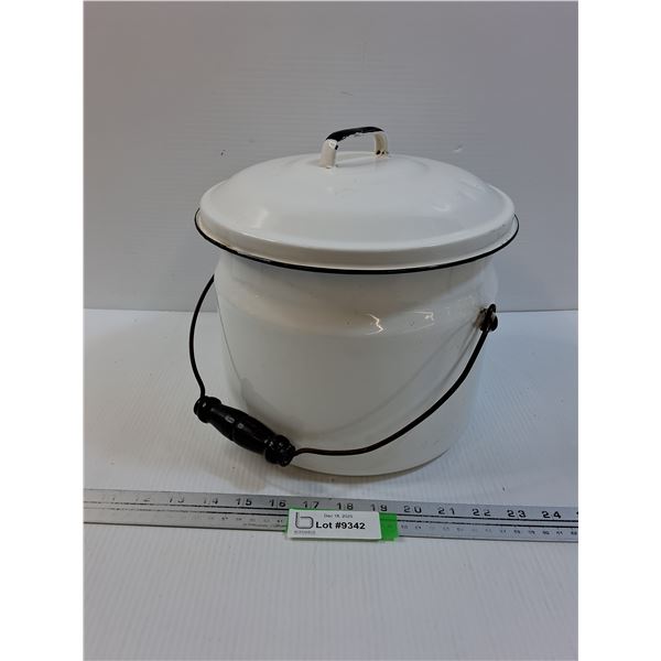 Vintage Black & White Enamel Potato Pot w/ Lid - 9" x 9"