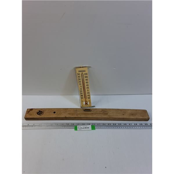 Vintage Wooden Level & Springfield Thermometer