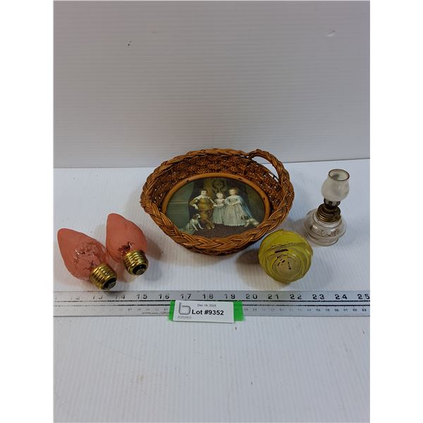 (3) Vintage Floral Light Bulbs, Vapo Mini Oil Lamp (4" tall) & Renaissance Picture in Wicker Basket