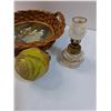 Image 2 : (3) Vintage Floral Light Bulbs, Vapo Mini Oil Lamp (4" tall) & Renaissance Picture in Wicker Basket
