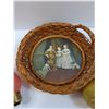 Image 4 : (3) Vintage Floral Light Bulbs, Vapo Mini Oil Lamp (4" tall) & Renaissance Picture in Wicker Basket