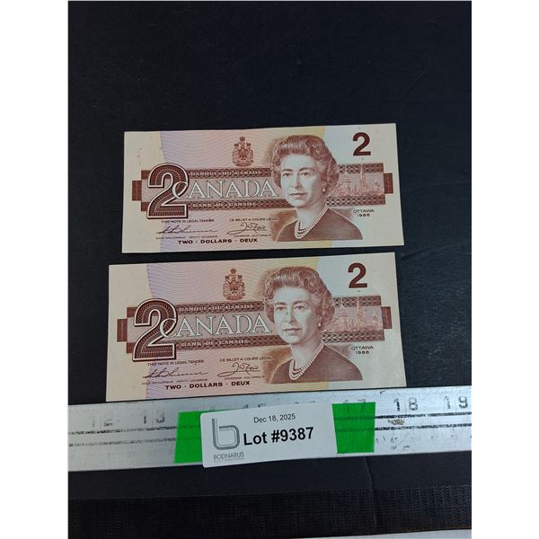(2) Canadian Two Dollar Bills- 1986