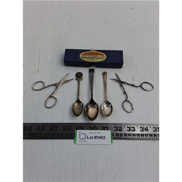 (5) Vintage Souvenir Spoons & Amenity Scissors, 1953 Coronation Box