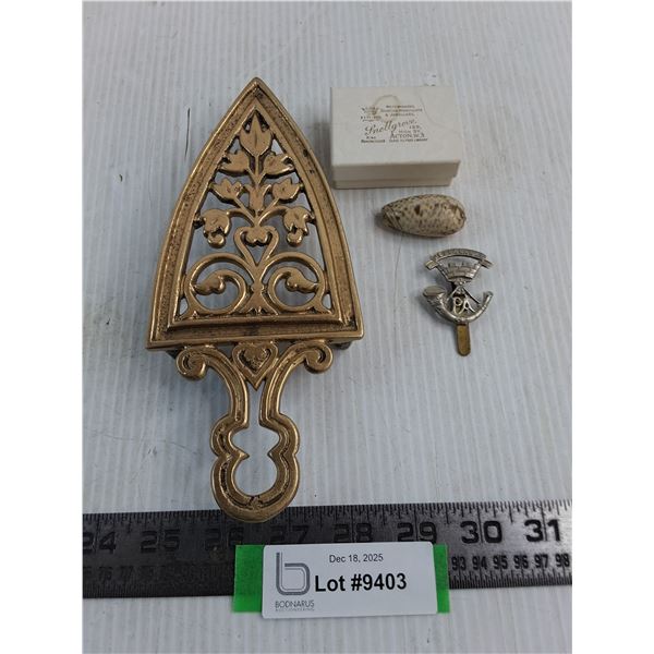 Vintage Metal Hot Iron Holder, Jellalabad Lapel, Seashell, Snellgrove Box