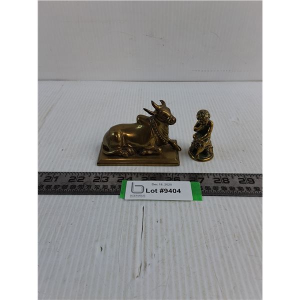 (2) Vintage Brass Ornaments (Bull & Flutist)