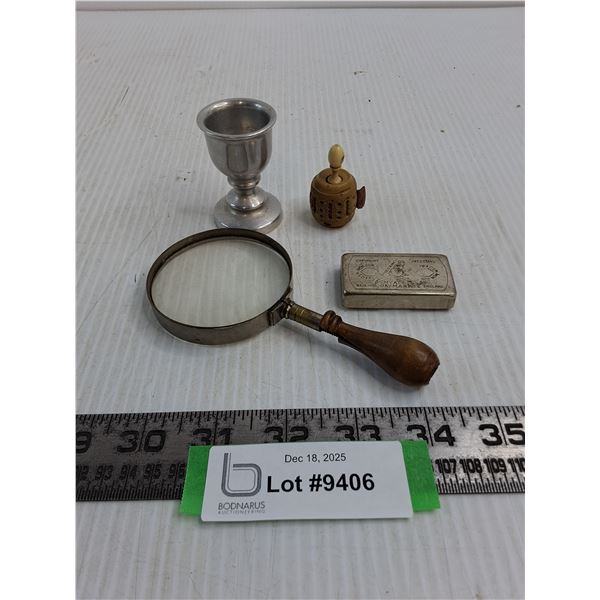 Vintage Items (Magnifier, Pewter Shot, Pill Box, Stanhope Sewing Tape Measure)
