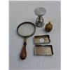 Image 2 : Vintage Items (Magnifier, Pewter Shot, Pill Box, Stanhope Sewing Tape Measure)