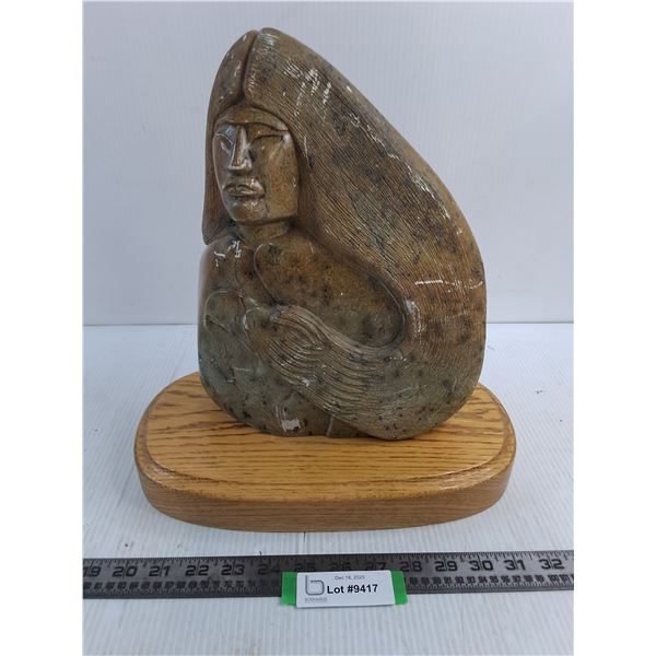 Indigenous Themed Stone Sculpture on Wood Base - 13x12.5x6"