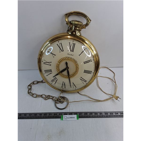 Vintage United Metal Hanging Clock - Tested - 17" High