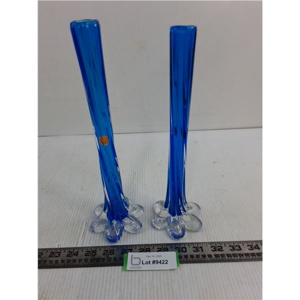 Pair of Blue Crystal Skinny Vases from China - 11.5" Tall
