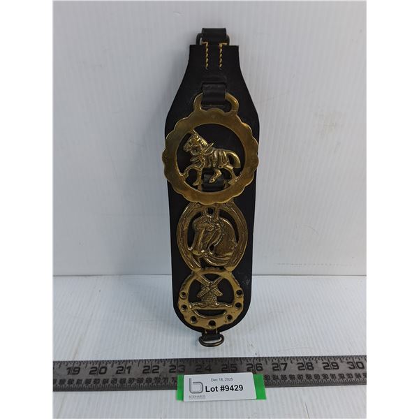 Antique Leather & Brass Wall Decor - 11" Length