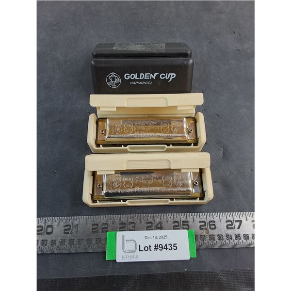 (2) Hohner "Big River Harp" German Harmonicas w/Cases, Golden Cup Harmonica Case