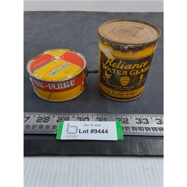 Vintage Sealed Reliance Water Glass Egg Preserve, Sur-Flame Lighter Fluid Tin - Pickup Only
