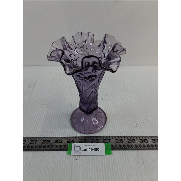 Purple Ruffled Art Glass Vase - 7.5" High