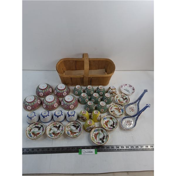 Assorted Asian Style Bowls, Cups & Saucers, Wooden Basket