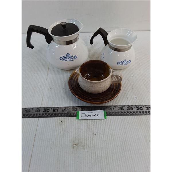(2) Vintage Corning Ware Kettles, Large Ceramic Mug & Saucer