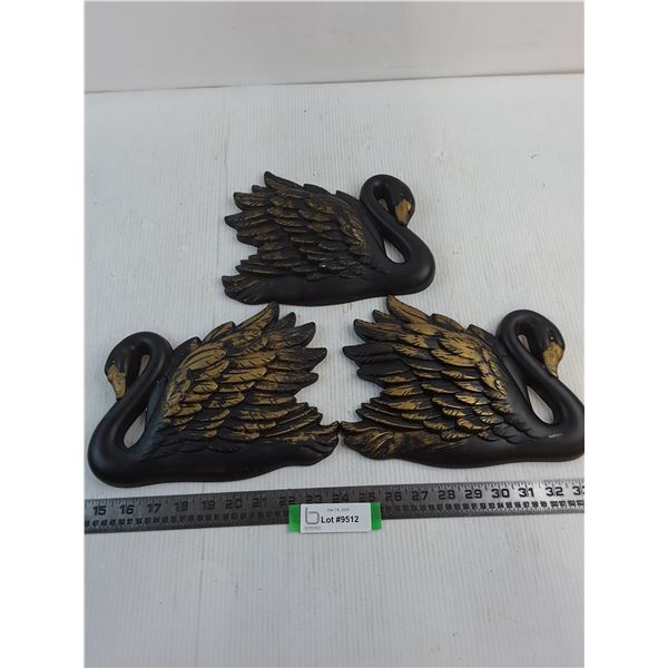 Set of 3 Vintage 'Black Swan' Chalkware Decor