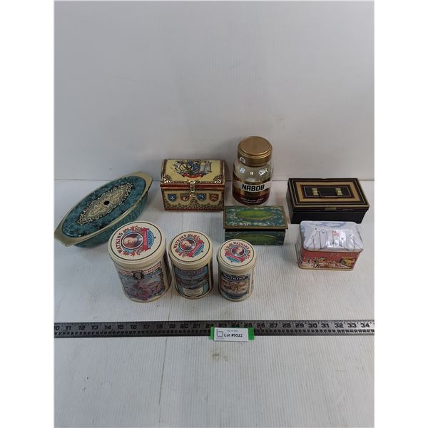 Assorted Vintage Tins, Nabob Glass Jar