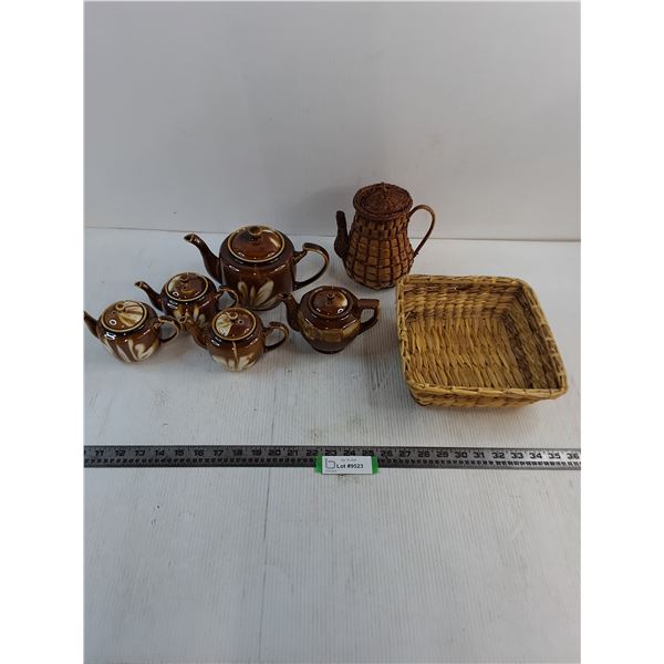 (5) Ceramic Teapots, Wicker Teapot Decor & Basket