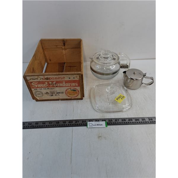 Pyrex Kettle & Casserole Lid, Stainless Steel Teapot, Wooden Orange Crate