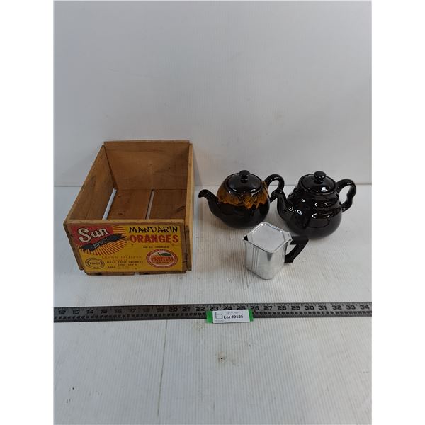 (2) Ceramic Teapots, Aluminum Wear-Ever Teapot, Wooden Orange Crate