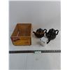 Image 1 : (2) Ceramic Teapots, Aluminum Wear-Ever Teapot, Wooden Orange Crate