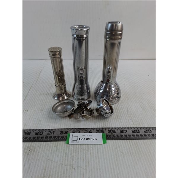 (3) Vintage Aluminum Flashlight & Parts - No Bulbs